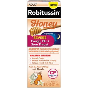 Robitussin (Honey) Severe Cough, Flu & Sore Throat, Nighttime, Ages 12+ (8 Fl oz)  流感和喉咙痛 ( 蜂蜜糖浆) 年龄12+, (8盎司) 严重咳嗽