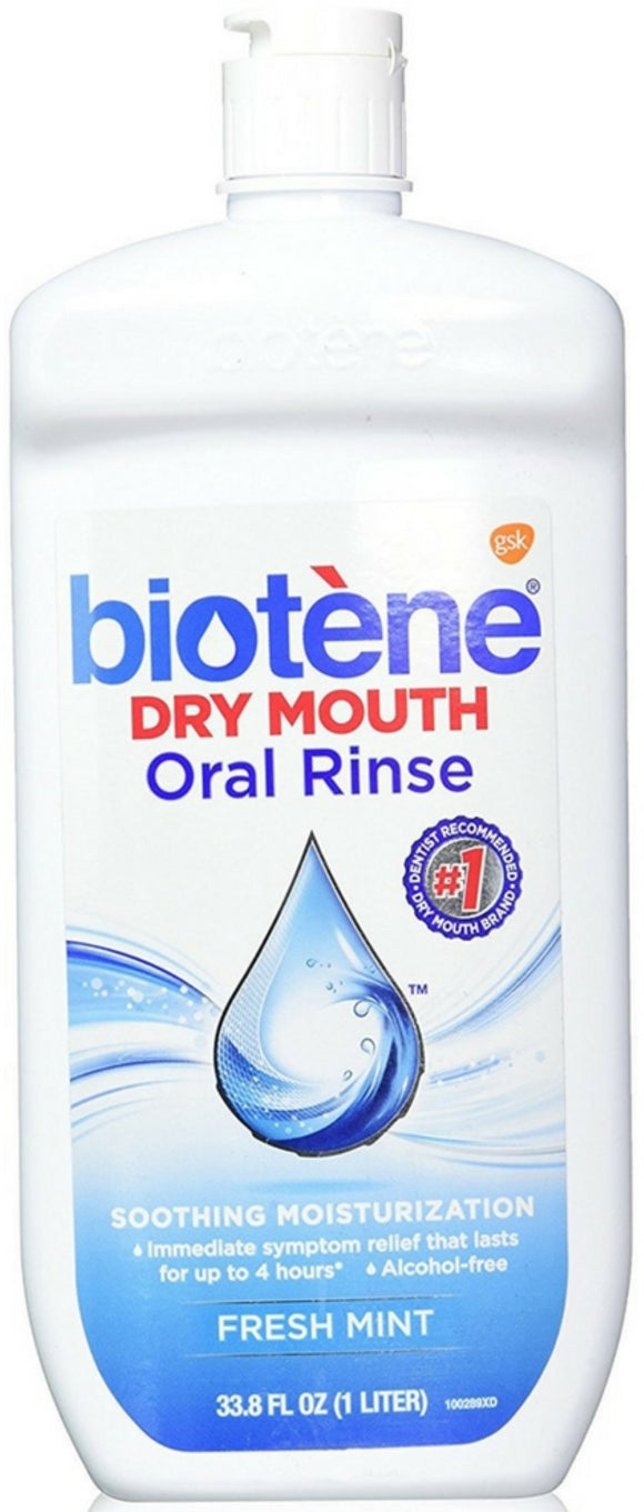 Biotene Brand Fresh Mint Moisturizing Oral Rinse Mouthwash, Alcohol-Free, for Dry Mouth, 33.8 ounce 新鲜薄荷保湿口服漱口水，无酒精，1升