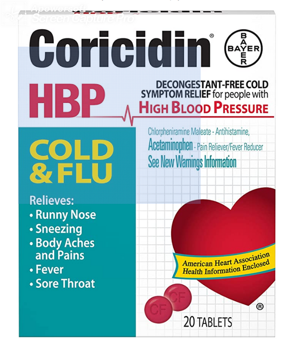 Coricidin Brand HBP, Cold & Flu Relief Tablets, High Blood Pressure (20 Tablets)  冒和流感緩解片，適合高血壓人士
