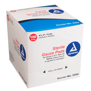 Dynarex Brand Sterile Gauze Pads 4" x 4", 12-ply, 100 Each, Reorder #3354  無菌紗布墊  4“ x 4” 12層不含乳膠 (#3354)