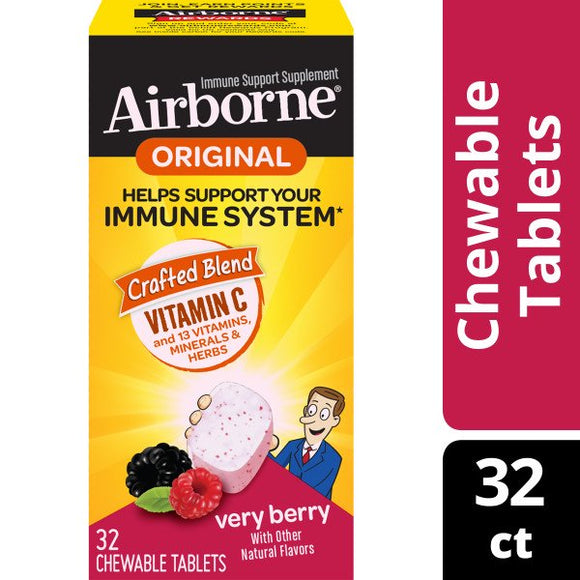 Airborne Brand Vitamin C, Helps Support your Immune System, Very Berry Flavors, 32 Chewable Tablets  維生素C, 幫助支持您的免疫系統, 漿果味, 32粒