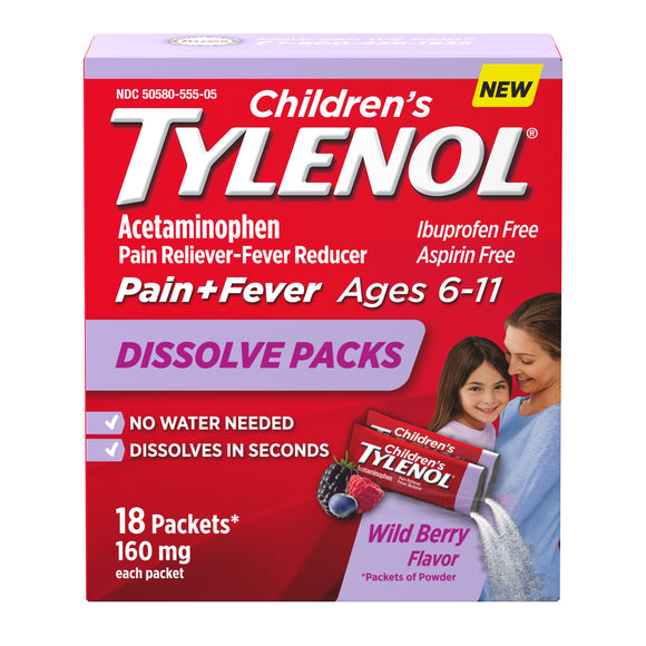 Tylenol Brand Children's Acetaminophen Dissolve Packets, For Ages 6-11, Wild Berry, 18 ct 儿童泰诺林退烧止痛速溶剂 6-11岁 野莓味 18包