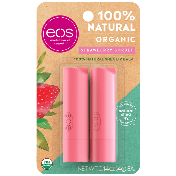 EOS 100 Natural Organic Lip Balm Stick, Strawberry Sorbet, 2 Ea