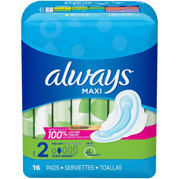 Always Brand Maxi, Size 2, Super Pads With Wings, Unscented, 16 Count  超級護墊, 2號, 帶翅膀, 無香 16片