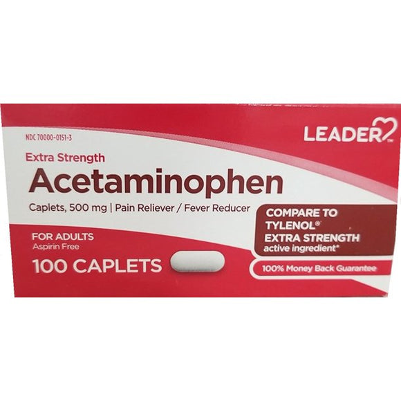 Leader Brand Acetaminophen Adult Extra Strength 500mg Caplets, Pain Reliever/Fever Reducer 100 ct   成人止痛/退熱藥