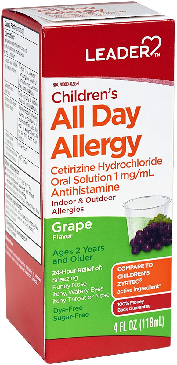 Leader Brand Children's 24 Hour All Day Allergy Relief, Dye/Sugar-Free, Grape Flavor, 4 fl oz (118ml)  儿童24小时过敏药水 葡萄味