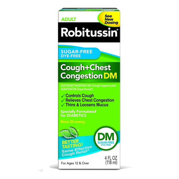 ROBITUSSIN DM Sugar/Dye-Free Brand Cough+Chest Congestion, Cough Relief, 4 fl oz (118mL) 乐倍舒 无糖止咳水（薄荷味）