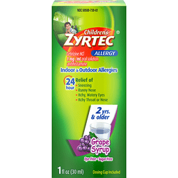Zyrtec Brand 24 Hour Children's Allergy Syrup, Grape, For 2 Yrs & Older, Dye/Sugar-Free, 1 fl oz (30mL)  無糖过敏糖浆 2岁以上 葡萄味